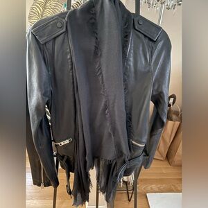 Gently worn All Saints black leather jacket with wool scarf connected